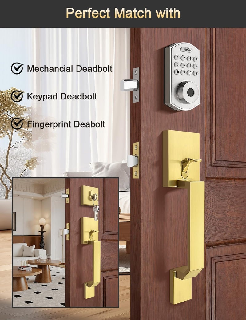 Tinewa Square Gold Front Door Handle with Classic Door Lever 1 Pack, Upgrated Exterior Door Entry Handle No Lock, Reversible for Left & Right Handed - Image 4